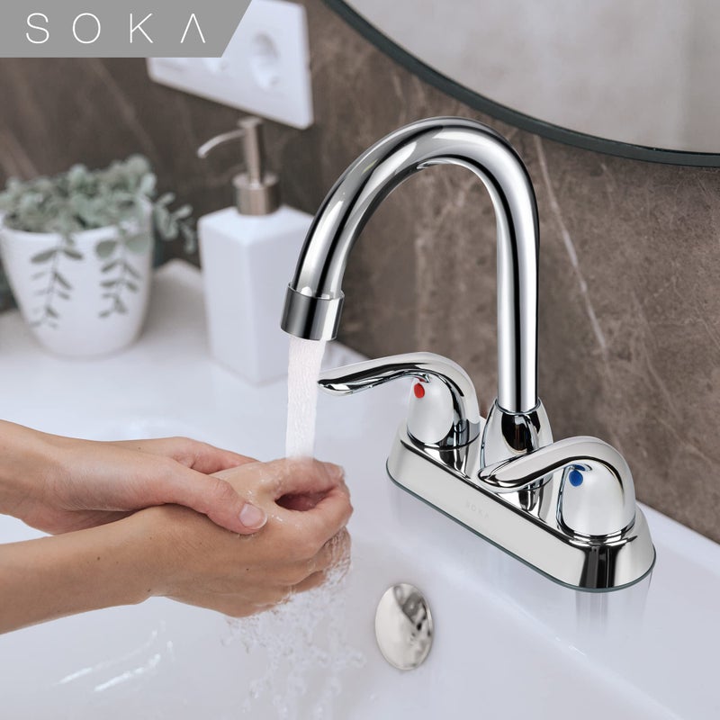 SOKA Two Handles Centerset Bathroom Faucet for Sink High Arc Stainless Steel with Deck Plate & Pop-Up Drain Assembly Fit 3 Hole Installation, Chrome (SK18001C) - Image 2